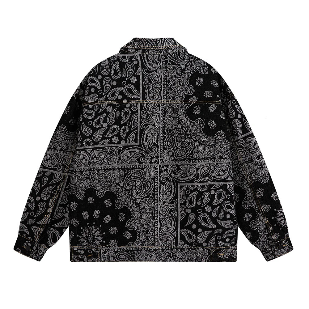 Mens Paisley Bandana Print Denim Jacket Streetwear Pattern Jacquard Weave Coat Fashion Loose Long Sleeve Outerwear Black Blue 250225