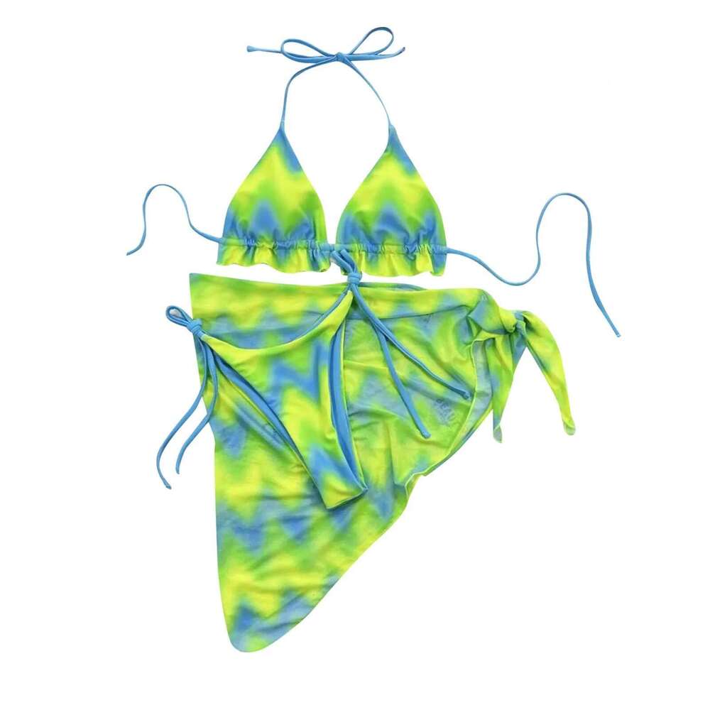 Tie Green Dye Print 3 Piece Bikini Set With Cover-Ups Halter Swimwear Women Micro Thong Swimsuits Beachwear 2024 Bathing Suit Km-Ly