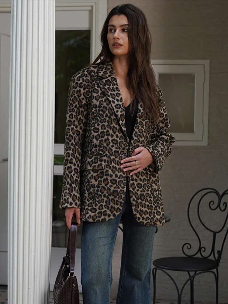 Fall Leopard Print Jacket Blazer Women Lapel One Button Long Sleeve Loose Coat Female Fashion All-Matching New In Outwears