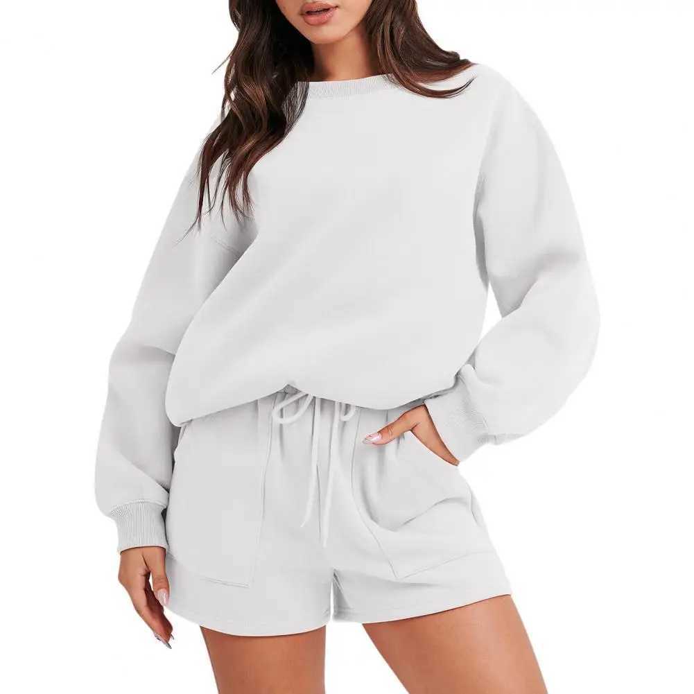 2 Pcs/Set Sweatshirt Shorts Set Loose Drawstring Elastic Waist Round Neck Elastic Cuff Soft Pockets Fall Spring Top Shorts Suit X250305