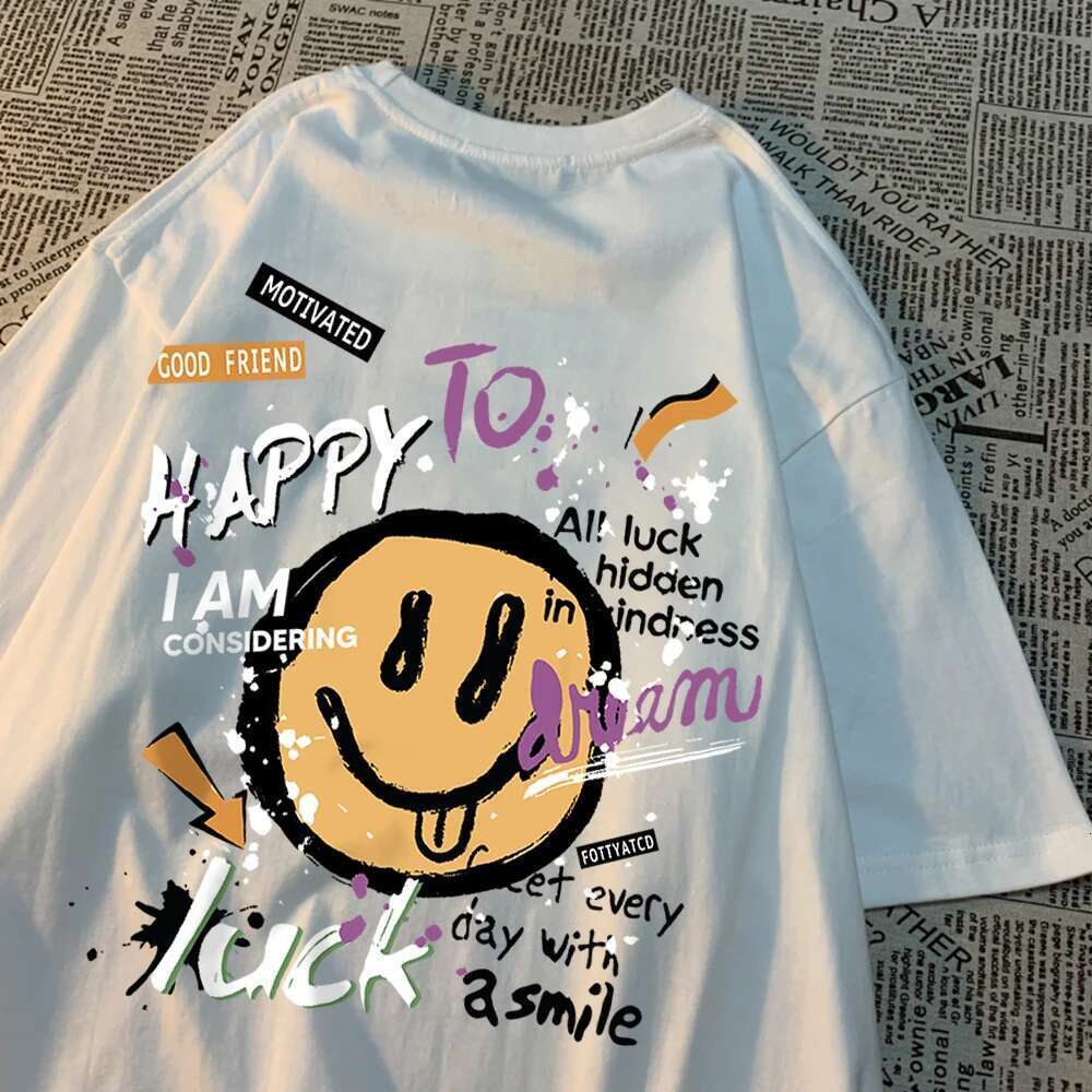 Happy dreams, lucky smiles, men's and women's T-shirts, high-quality round neck T-shirts, summer sportswear, loose cotton breathable T-shirt