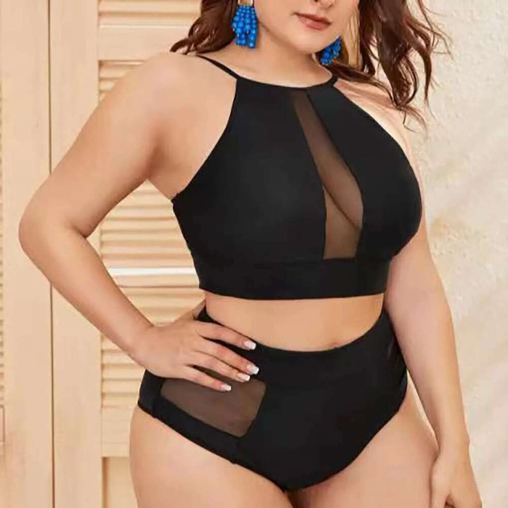 High 2024 Waist Neck Plus Size Swimwear Women Large Sexy Black Mesh Bikini Set Chubby Big 2 Piece Swimsuit Bathing Suit Km-Ly