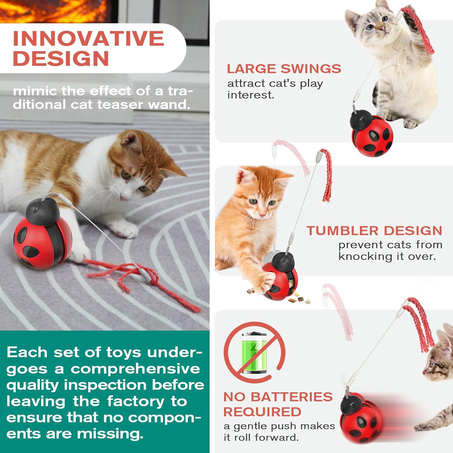 Cat Treat Dispenser Toy, Rolling Wobble Design with Spring Teaser Wand, Interactive Food Puzzle for Cats