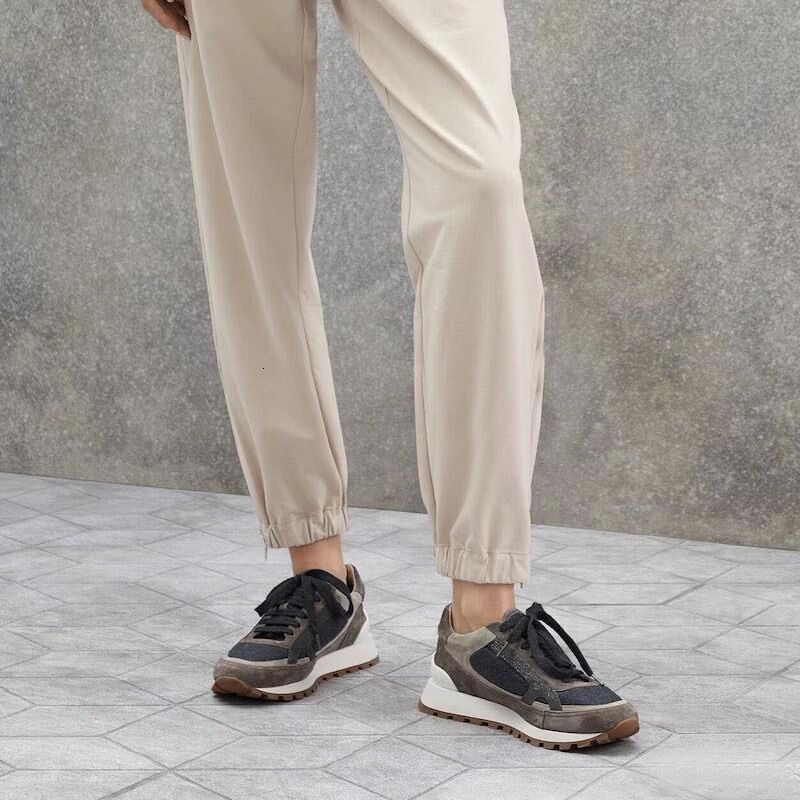 2025 new leather round toe cow suede breathable thick sole lace up color blocked dad BC casual sports shoes for women