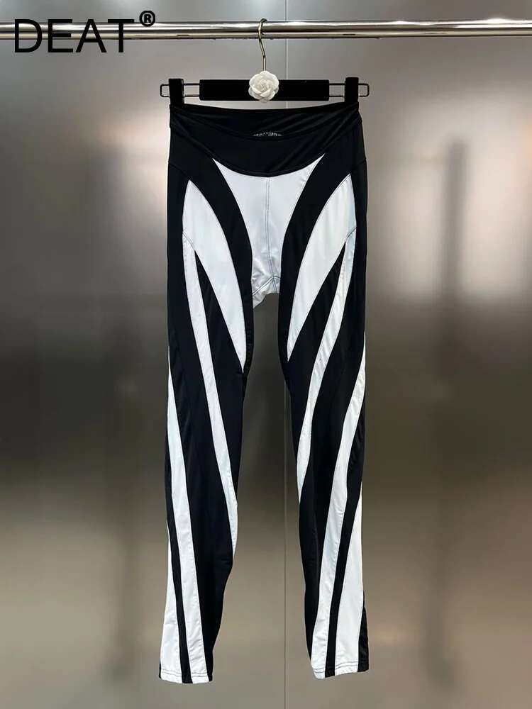 DEAT 2025 Autumn Fashion Contrast Color Patchwork Design Pants For Women High Elastic Waist Trousers Female Casual New 11Xx5075