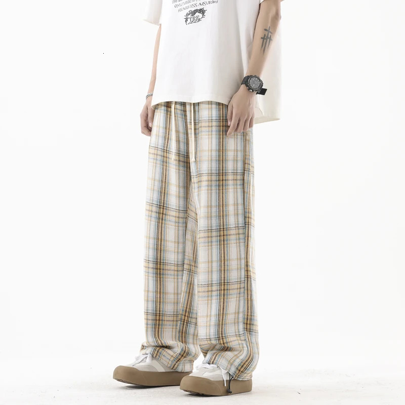 Korean casual pants mens brushed straight wide leg flat Trouser high street grid fashion retro Y2K springsummer 250304