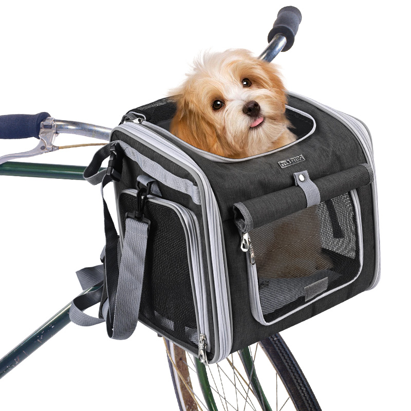 Dog Bike Basket, Expandable Soft Sided Pet Carrier Backpack with 4 Open Doors, Foldable Dog Bike Carrier