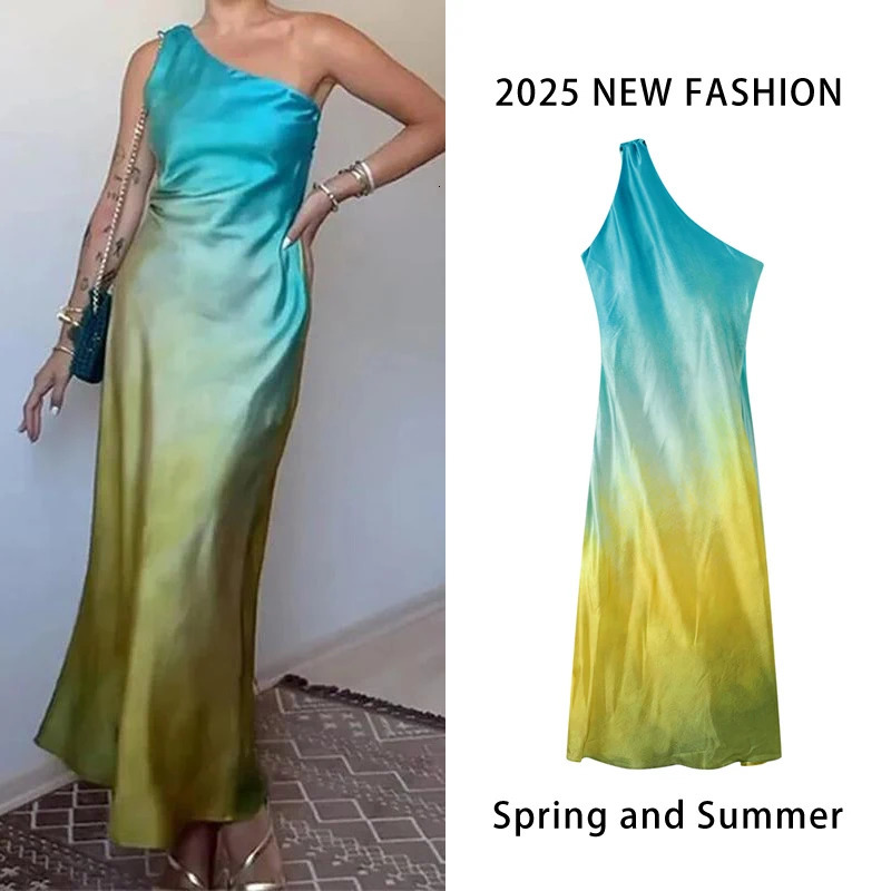 Gradient Satin Long Dres Elegant One Shoulder Sleeveless Backless Dresses Sexy Tiedye Party 250304