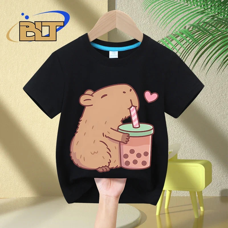 Cute Capybara Loves Bubble Tea print kids T-Shirt summer childrens short-sleeved casual tops boys and girls gifts 250304