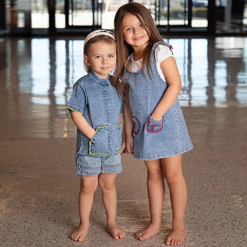 Summer denim collection girls dress set cute baby rompers boys casual shirt girls skirt family clothing set contrast pockets 250326
