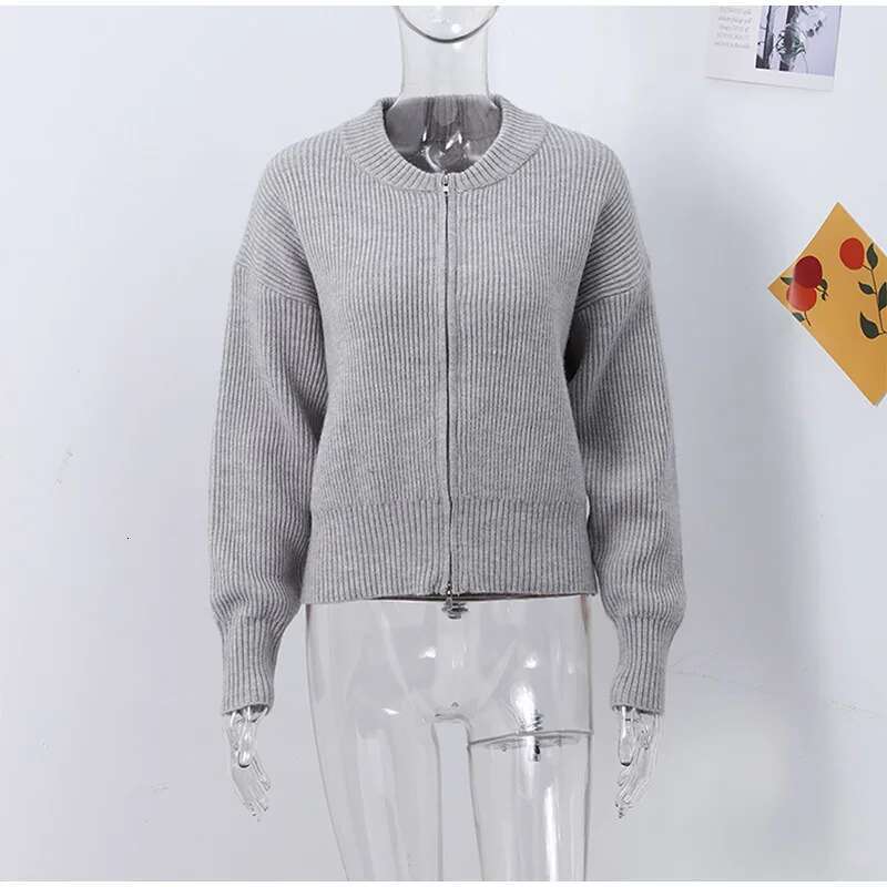 Vintage Knit Zipper Cardigan For Women Solid Color Loose O Neck Long Sleeve Sweater Female Spring Autumn All-Matching Knitwear