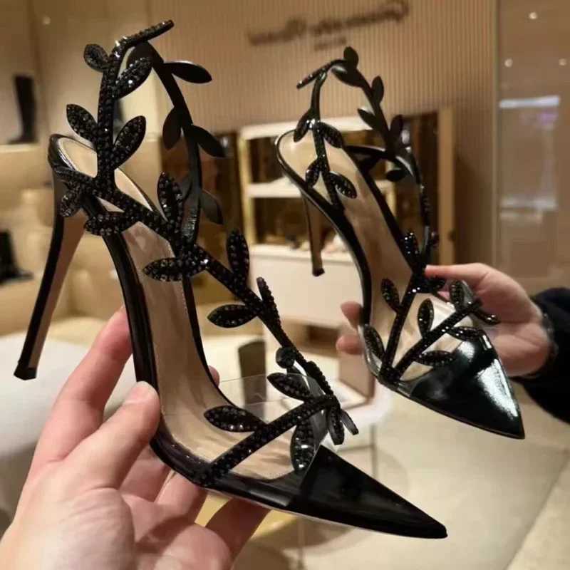 Designer Rhine Leaf Decorated Stiletto Sandals Women Sexy Pointed Toe Transparent Pvc Strap High Heels Summer Party ShoesXJ2500305