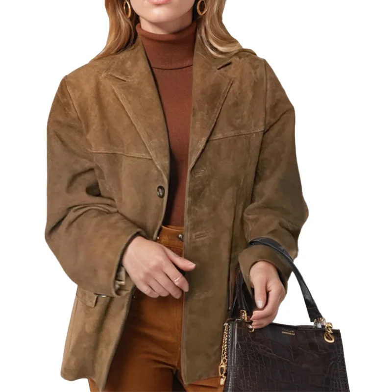 Casual Brown Lapel Pocket Suede Leather Jacket Fashion Woman Single Button Long Sleeve Crop Coat Lady Autumn Street Outwear 250304