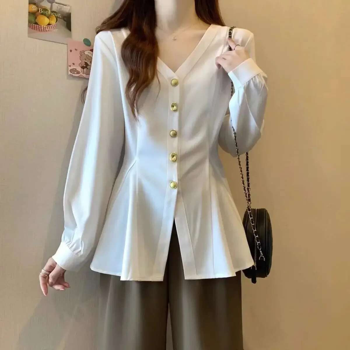 Fashionable V Neck Solid Color Shirt Spring Autumn Casual Commuting Elegant Loose Slimming Blouse Tops Trendy Clothes For Women