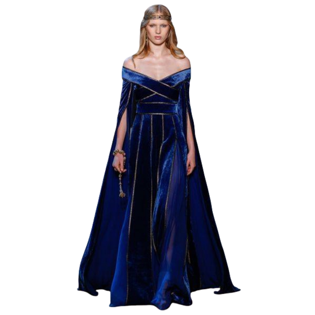 Fantasy Royal Blue Velvet Evening Dresses Off Shoulder Long Sleeves Formal Occasion Gown Beading Vintage Prom Dress 2025