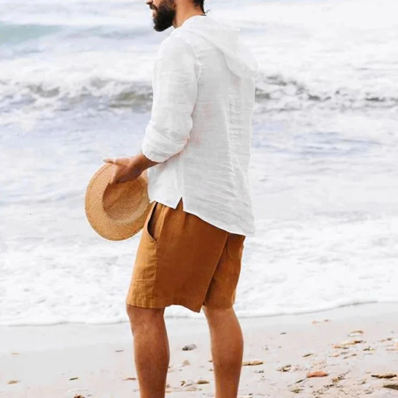 Shirt Men Shirts Hooded Solid Color Long Sleeve Tops Casual Buttons Cotton Linen Vintage Summer Beach 250227