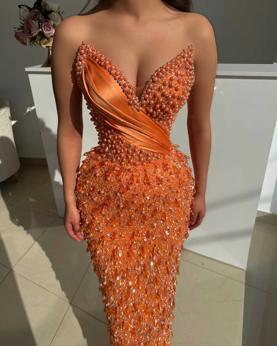 Bling Mermaid Evening Dress Beading Pearls Sequins Strapless Prom Gown Sheath Sweep Train Party Dresses Customized