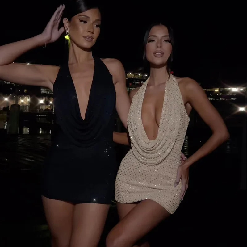 2025 Sequins Shiny Dres Sexy Backless Halter Short Bodycon Dress Female Solid Deep VNeck Party Slim Dresses 250304