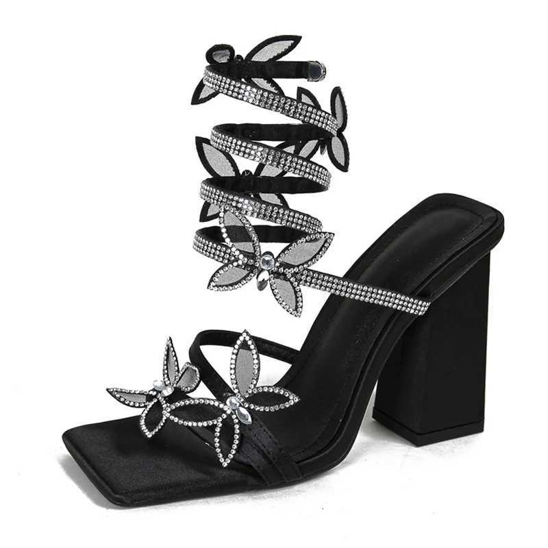 New Fi Design Crystal Butterfly Womens Sandals Sexy Square Toe Thick Heels Summer Party Ball ShoesXJ2500305