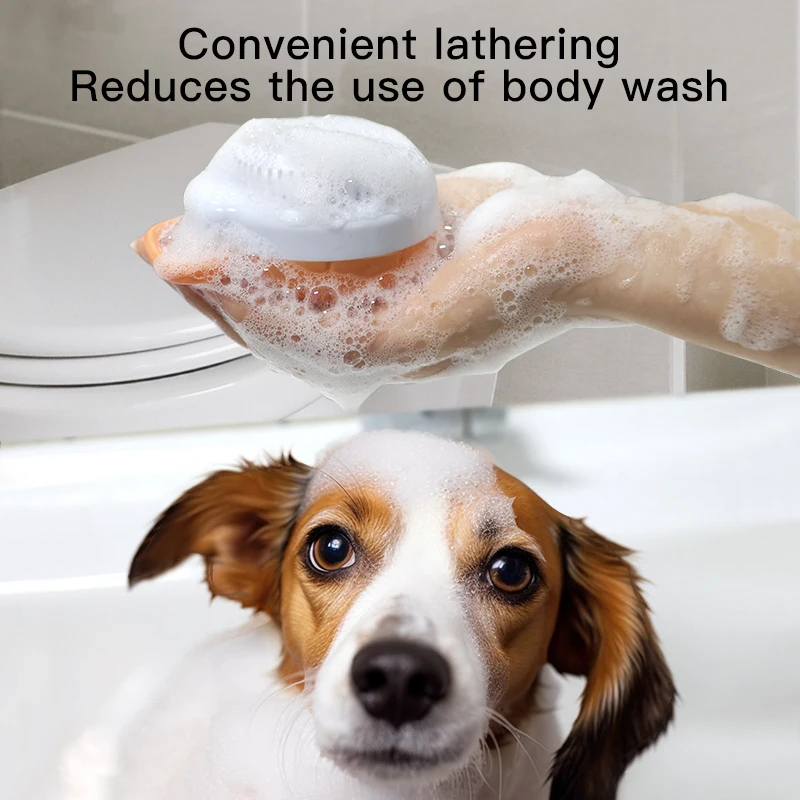 Dog Scrubber for Bath Pumpkin-Shaped Pet Bath Brush with Soap & Shampoo Dispenser Cat Massage Soft Bristles Grooming Scrubber