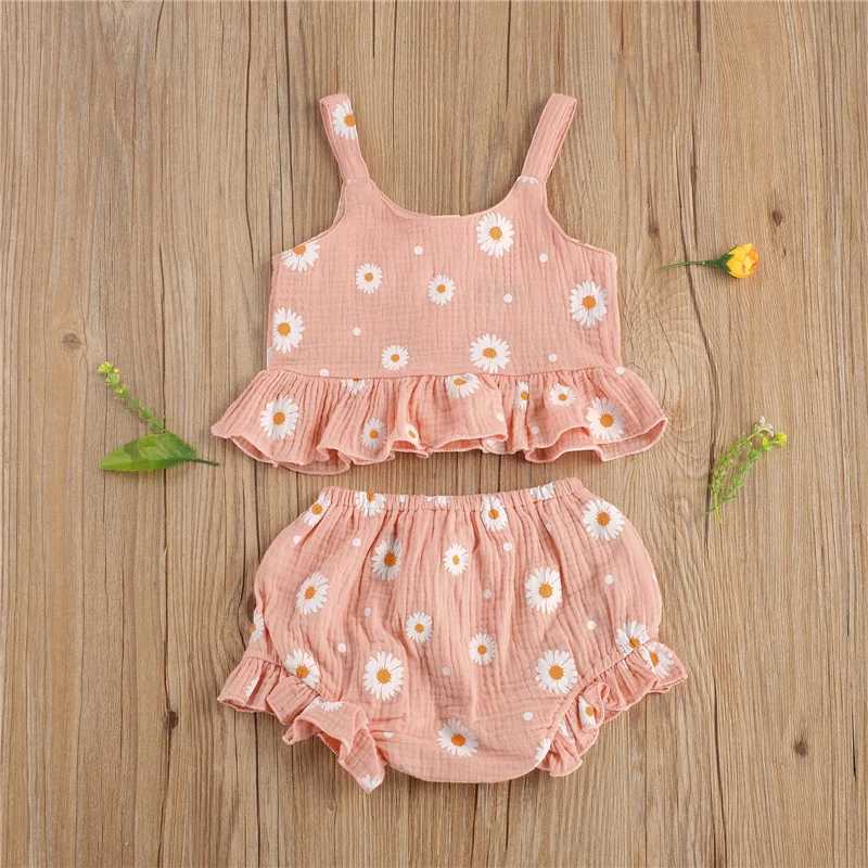 2021 Toddler Baby Girl Daisy Flower Printed Sleeveless Tops+PP Shorts Kids Outfits 2pcs Summer Clothes SetXJ250305
