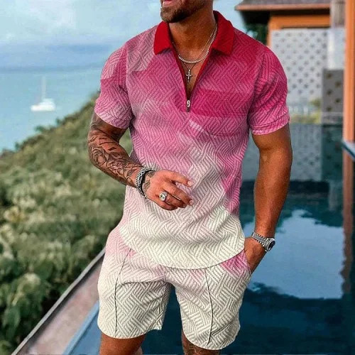 Mens Summer Tracksuit Sports Suit Men Set 3D Printed Casual Short Sleeve T Shirt Lapel Zip Polo Shirt Male Clothing Jogging 250304