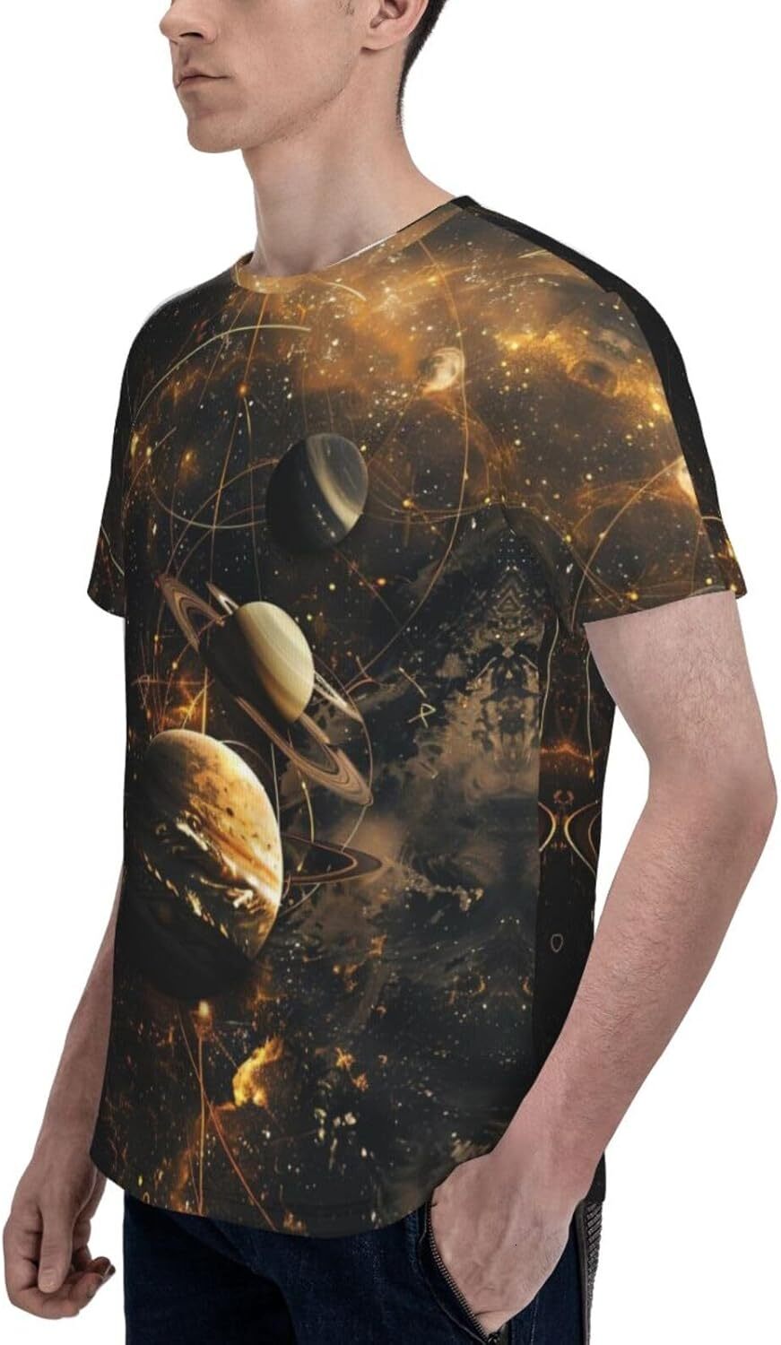 Mens T shirt Golden Planet 3D Printed T-Shirt for Men Universe Planets Graphic Soft Comfort Casual Tee tee Casual tops summer clothes