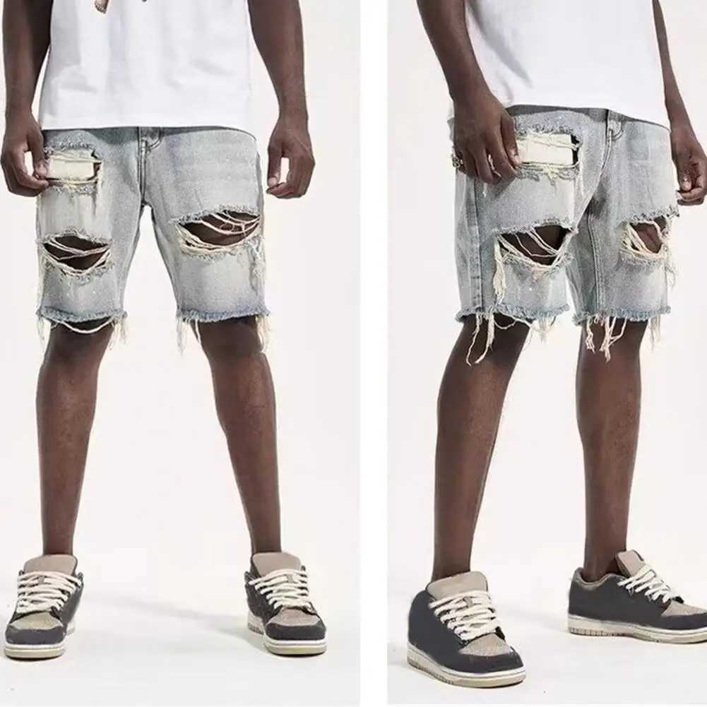 Ripped Holes Denim Shorts Mens Summer Distressed Denim Shorts Stylish Button Fly Multi-pocket Design Slim Fit for YouthfulT250305