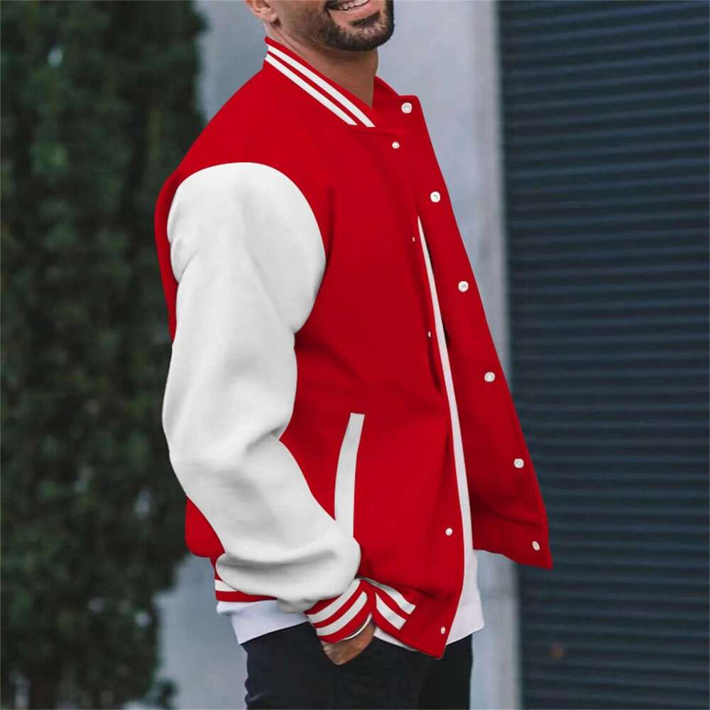 Men's baseball jacket, autumn fashion, patchwork, long sleeves, high neck, loose jacket, outerwear, casual sports, button up sweatshirt