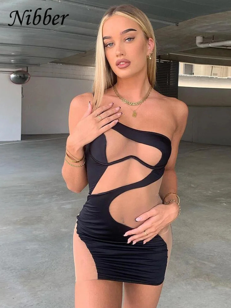Nibber Dres y2k Sexy One Shoulder Sleeveless Slip Dress Paneled Translucent Gauze Mini dresses for women party 250304