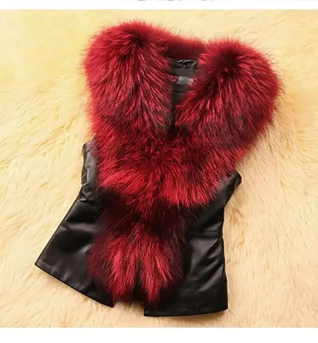 Womens Leather Jacket Fur Collar Stitching Simulation Oversized Raccoon Autumn Winter Solid Color Sleeveless Vest Coat 250226