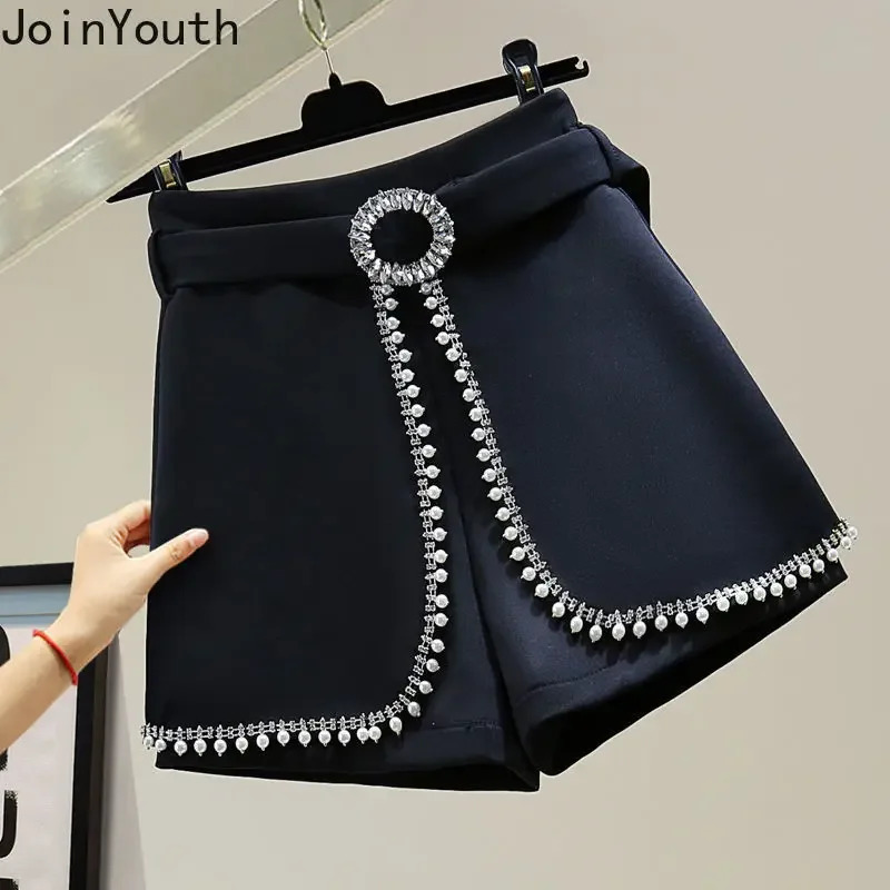 Womens Temperature Shorts 2024 High Waist Heavy duty Diamond Wide Leg Pantalones Cortos De Mujer Summer Chic 250304