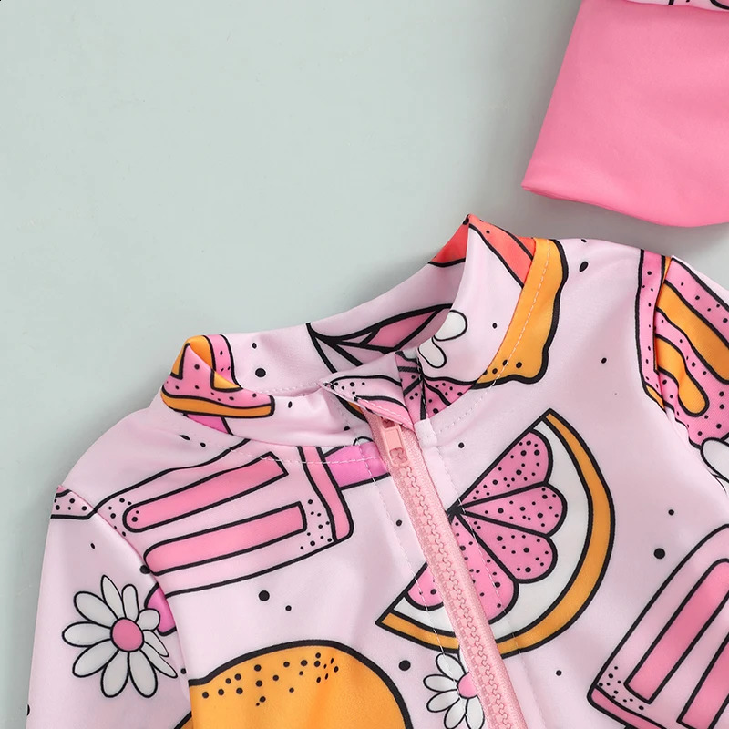 Baby Girl Swimsuit with Sun Hat Set Cute Mermaid Scale Print Zip Up Long Sleeve Rash Guard Swimwear for Toddler Girls 250304