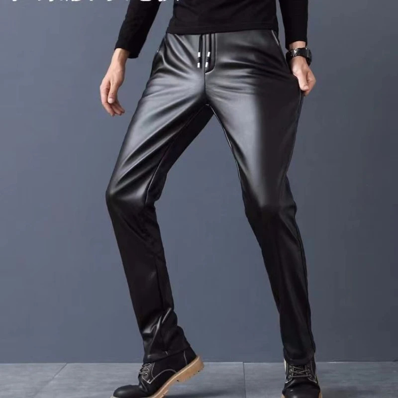 Windproof Slim Leather Pants for Men Thickened Warm Motorcycle Trousers Autumn and Winter Black Man 250304