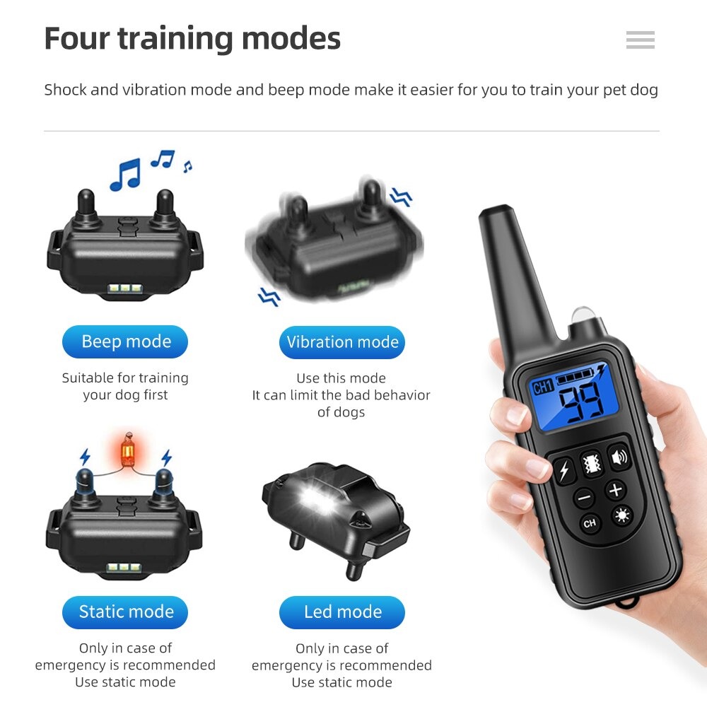 830 yards Remote Control Dog Training Collar USB Charge Waterproof Stop Bark Collar Pet Electric Shock Collar Sound Anti-Bark