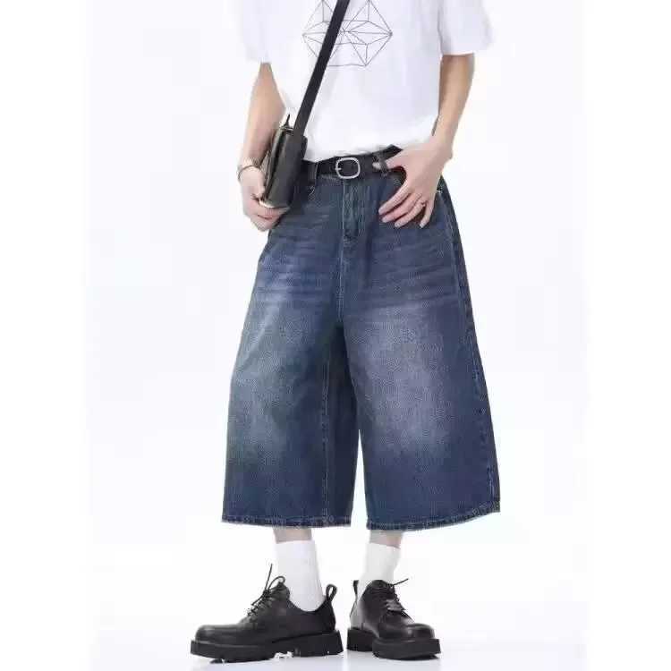 American Style Vintage Mens Jeans Loose Fit Wide Leg Straight Leg Denim Shorts Sensibility Design For Summer WholesaleT250305