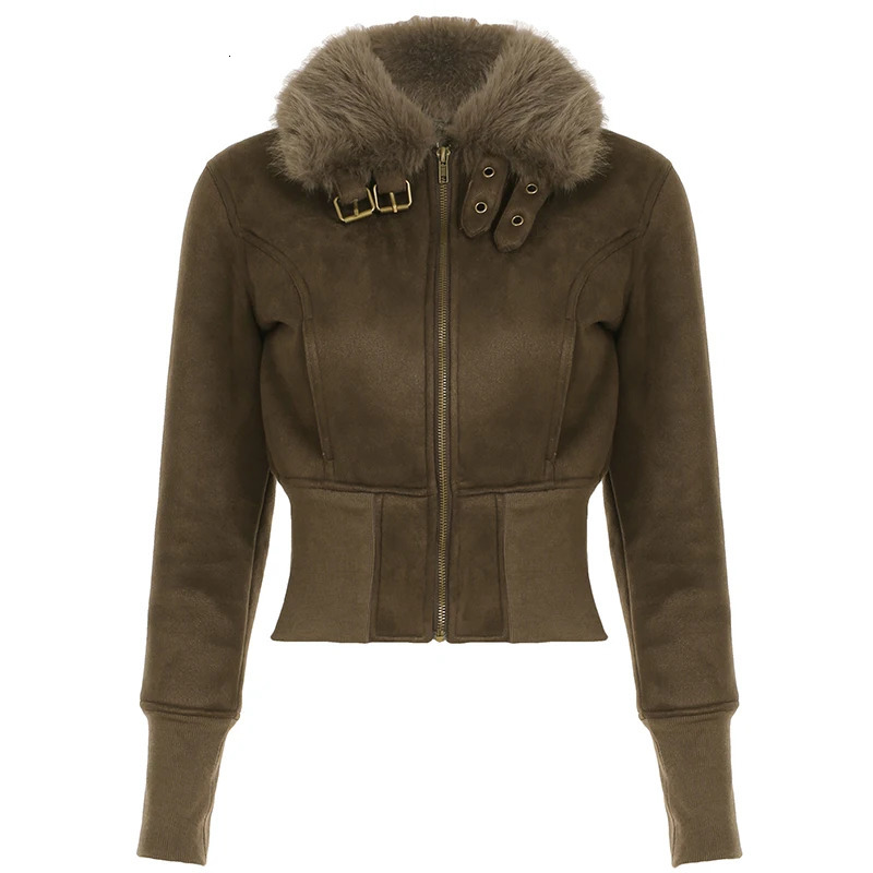 Fashion Warm Chamois Jackets Long Sleeve Plus Velvet Faux Collar Zipper American Retro Thickened Coat 250226
