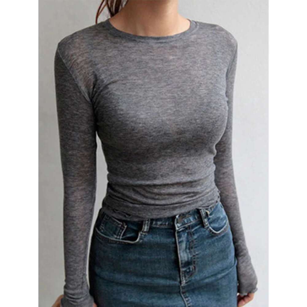 Quality High Plain T Shirt Women Cotton Elastic Basic T-Shirts Female Casual Tops Long Sleeve Sexy Thin T-Shirt See Through KLMY -Shirts -