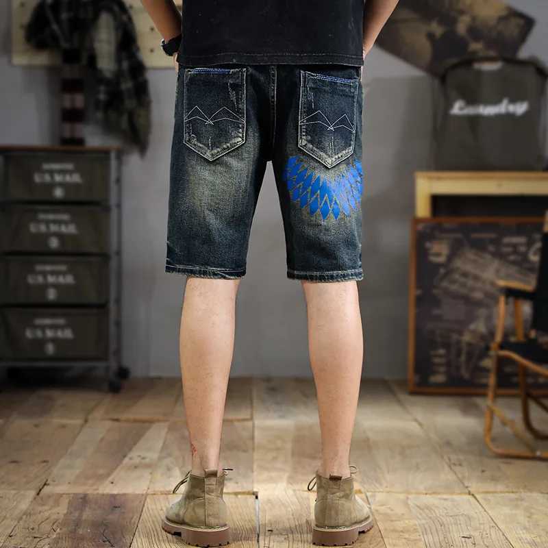New American washed printed denim shorts mens trend handsome scraping summer Slim straight five pantsT250305