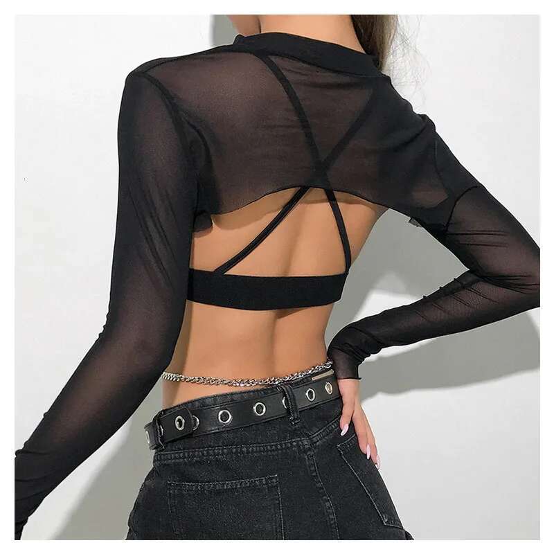 Crop Women Mesh Sleeve T-Shirt Sexy Hollow Out Transparent Tops Ladies T Shirt Black Top Casual T-Shirt Tee Shirts KLMY