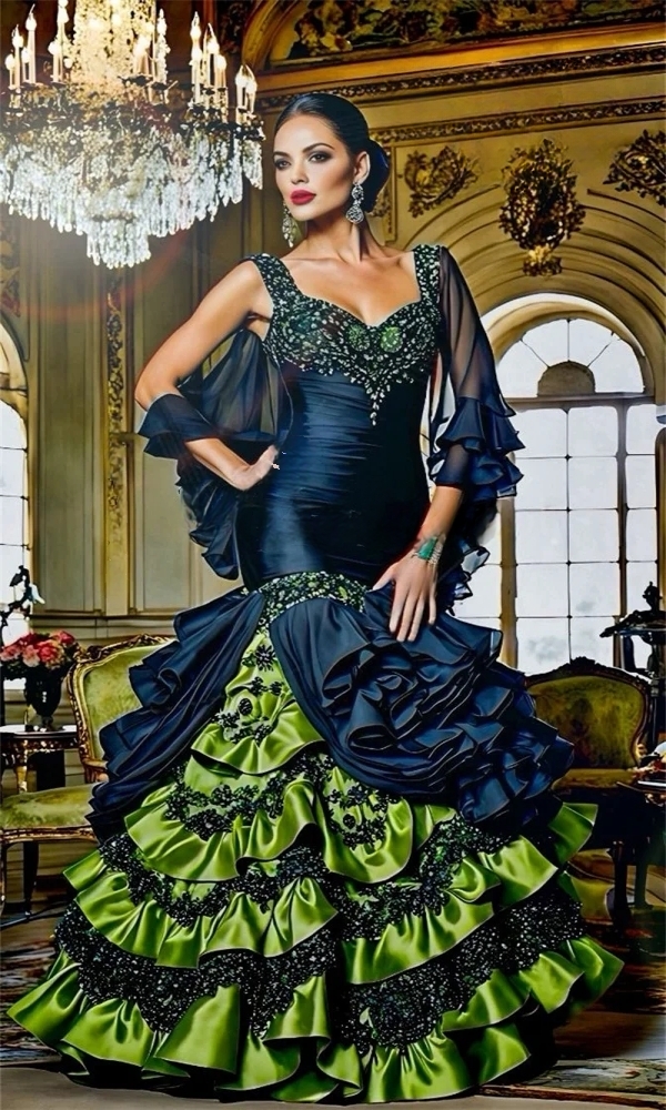 Vintage Ruffled Mermaid Prom Dresses Navy And Green Tiers Long Puffy Evening Gowns Lace Appliques Beaded Pageant Special Occasion Dress For Ladies 202