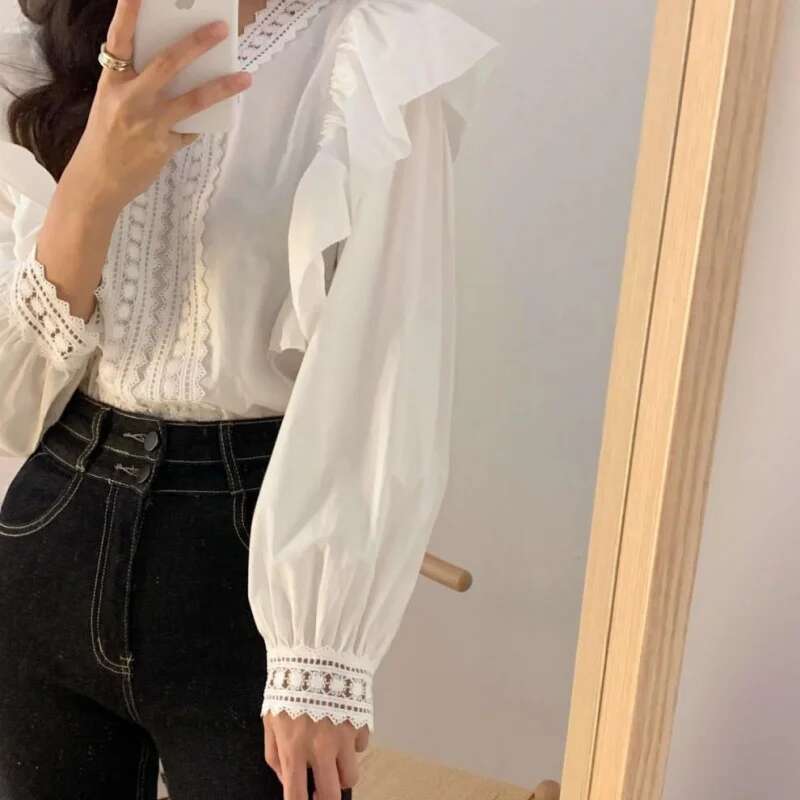 V-Neck Ruffles Puff Women Blouse Tops Long Sleeve White Shirts Fashion Casual Office Lady Elegant Clothing