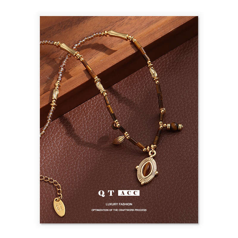 Cross border fashion, light , high-end feel, brass, gold-plated resin, rice bead necklace, Maillard classic, versatile