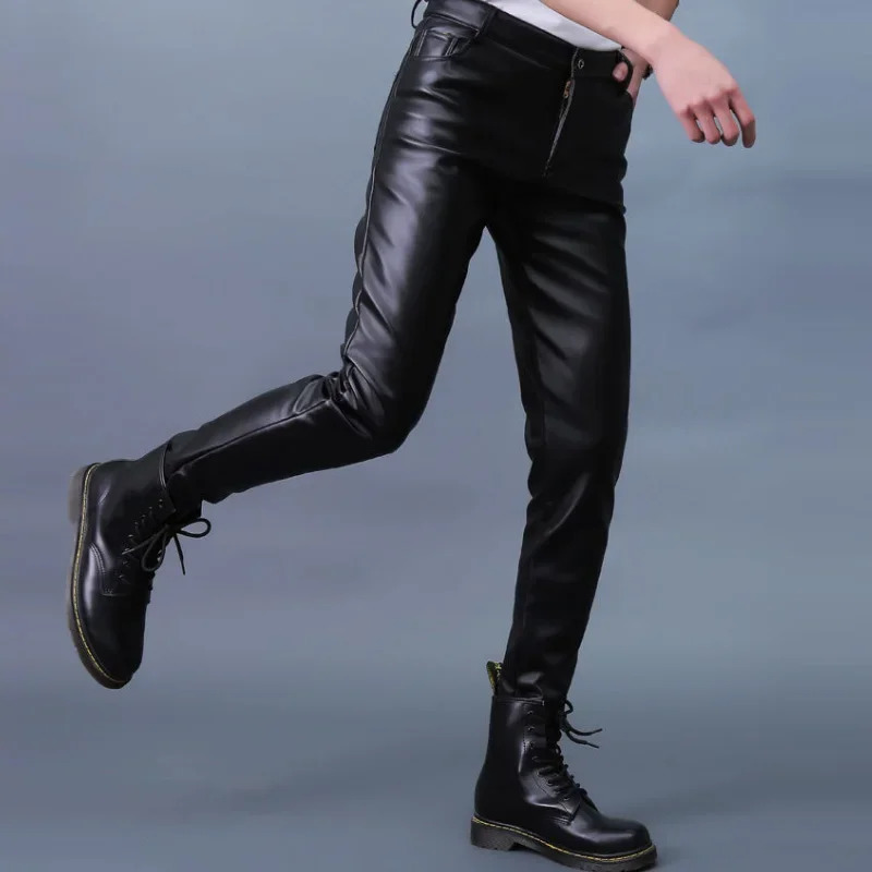 Mens leather pants ultrathin PU Trouser fashionable elastic motorcycle waterproof oily mens underwear oversized 250304