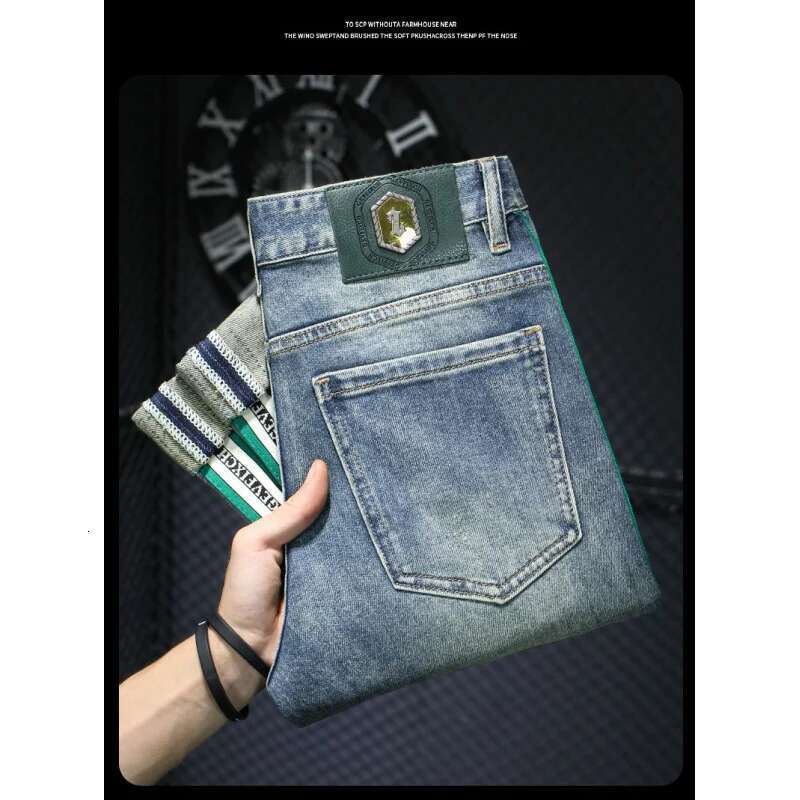High-End Light Blue Striped Jeans Men's 2024 Spring Street Versatile Slim Fit Skinny Ripped Trousers