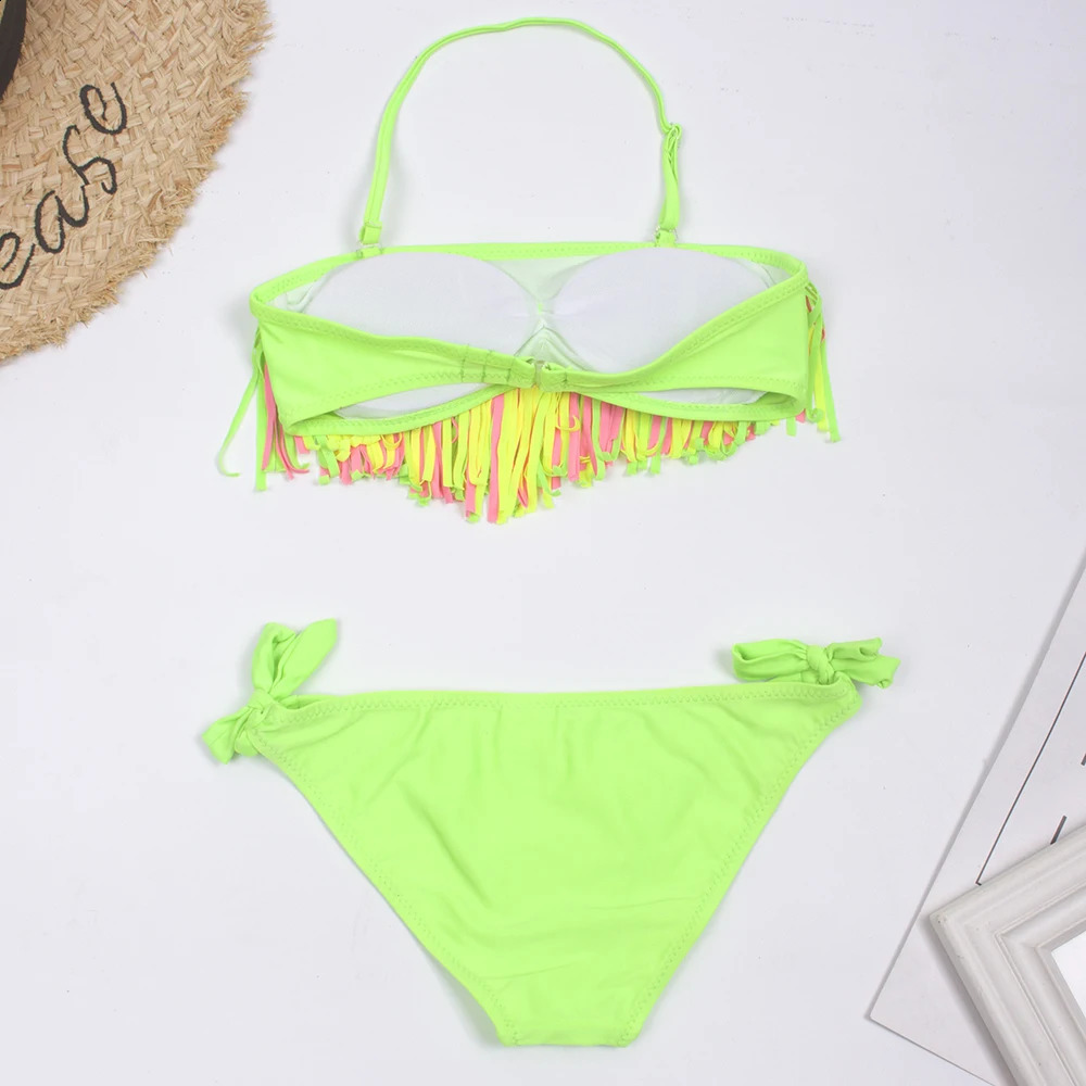 Tassel Girls Kids Swimsuit Swimwear Solid Swimming Suit Children Bandage Bikinis Holiday Beach Baby Biquini Infantil 250304