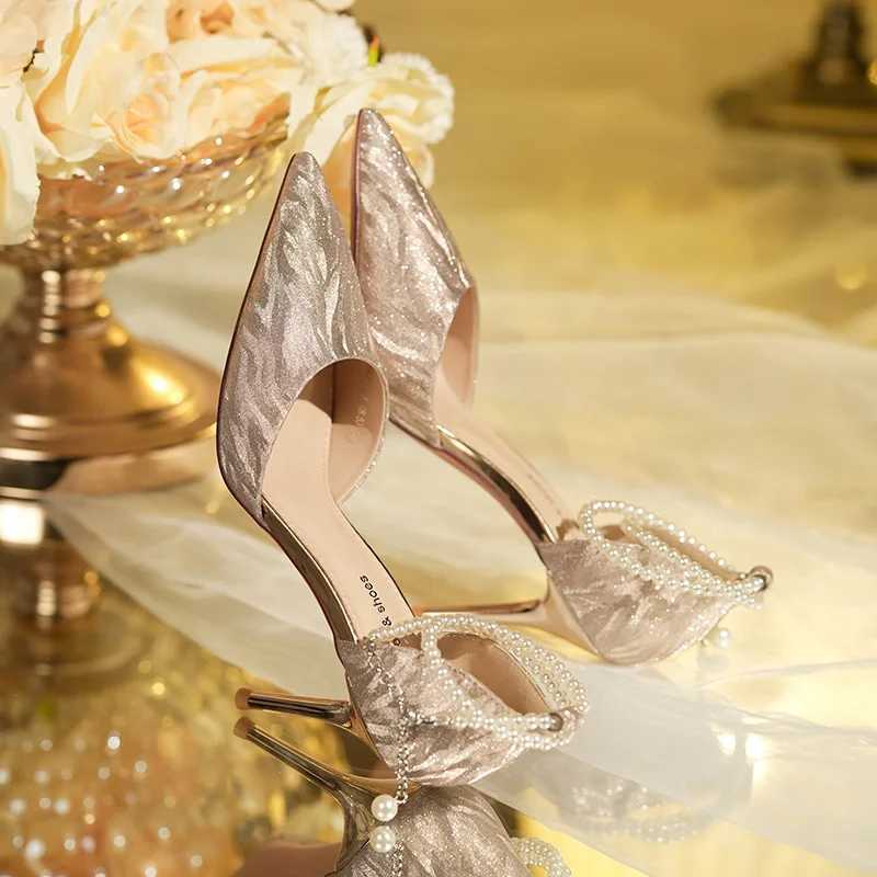 2024 Summer Fi Womens Pointed Toe Luxury Sequins Beaded Buckle Champagne Ornament High Heel Sandals Party Wedding ShoesXJ2500305
