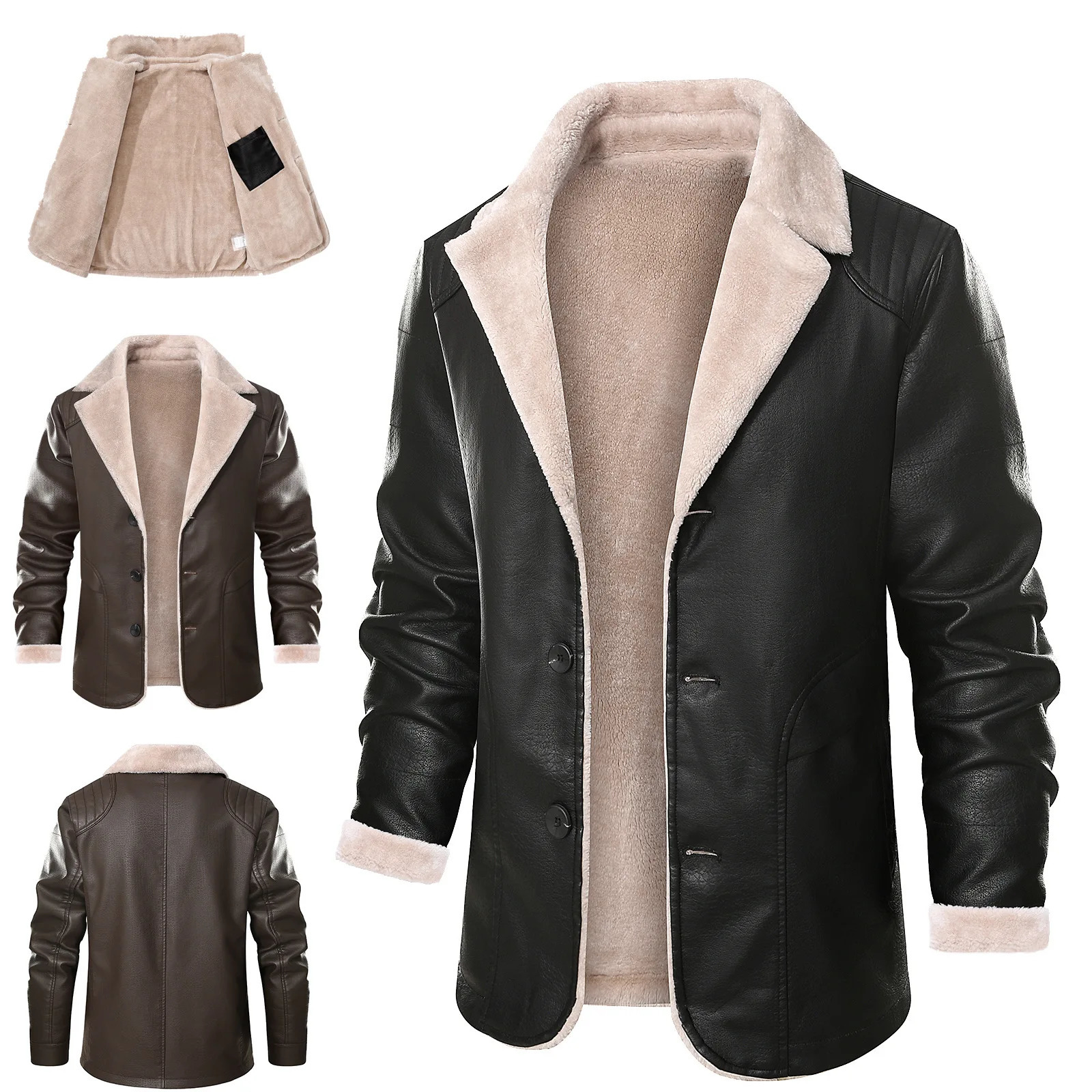 2024 Mens Leather Jacket Men Fashion Warm Winter Coat Pu Lapel Casual Plush Plus Velvet Fur Male 250225