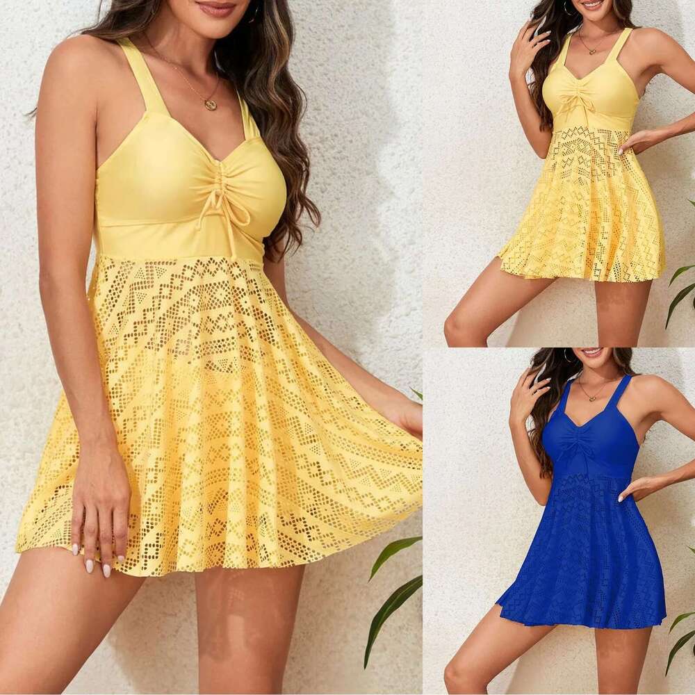 Pieces 2 Front Drawstring Swimwear 2024 Women Hollow Out Swimsuit Skirt Solid Tankini Female Bathers Swimming Beach Wear Km-Ly