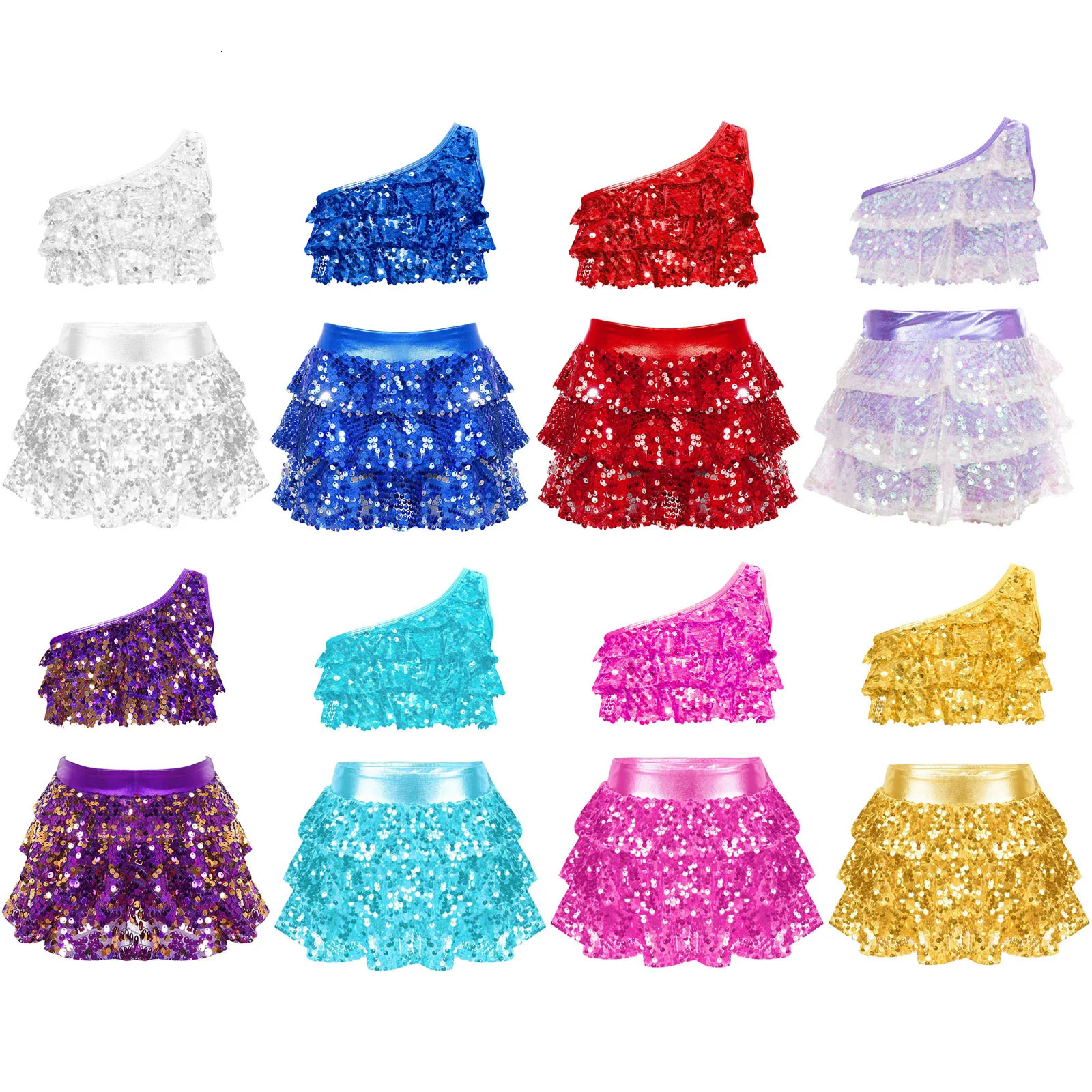 Kids Girls Sequins Jazz Dance Costumes Sleeveless Ballet Gymnastics Crop Top Skirt Set Hip Hop Ballroom Performance Clothes 250304